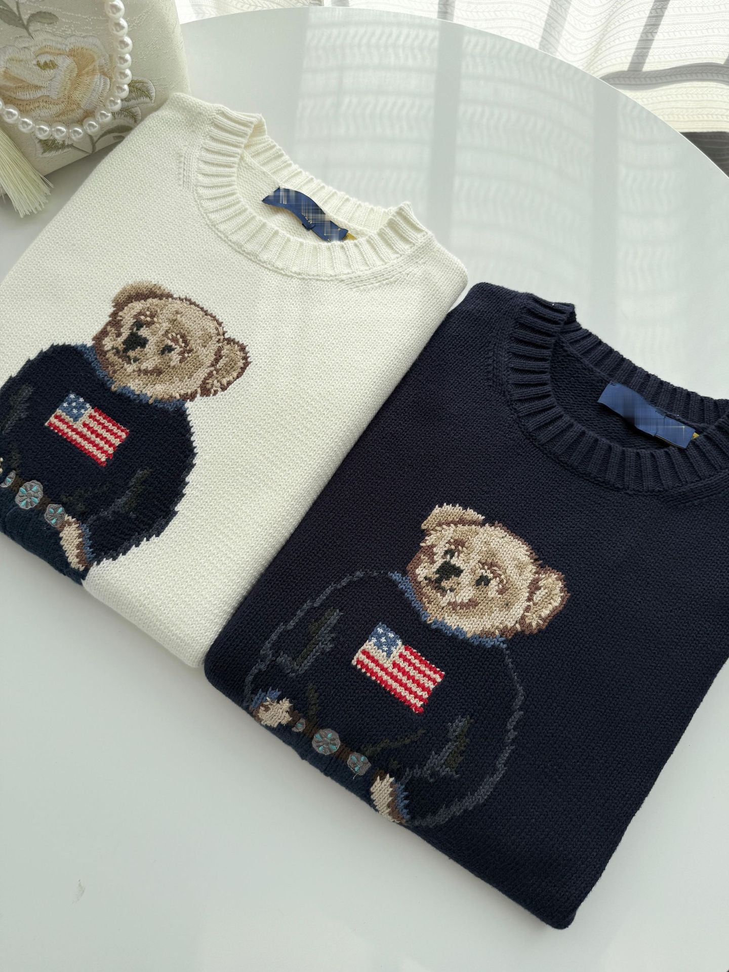 Rl/Scanable 25-Year-Old Bear Autumn And Winter New Pure Cotton Heavy Embroider Cartoon Round Neck Knitted Sweater Women's Casual