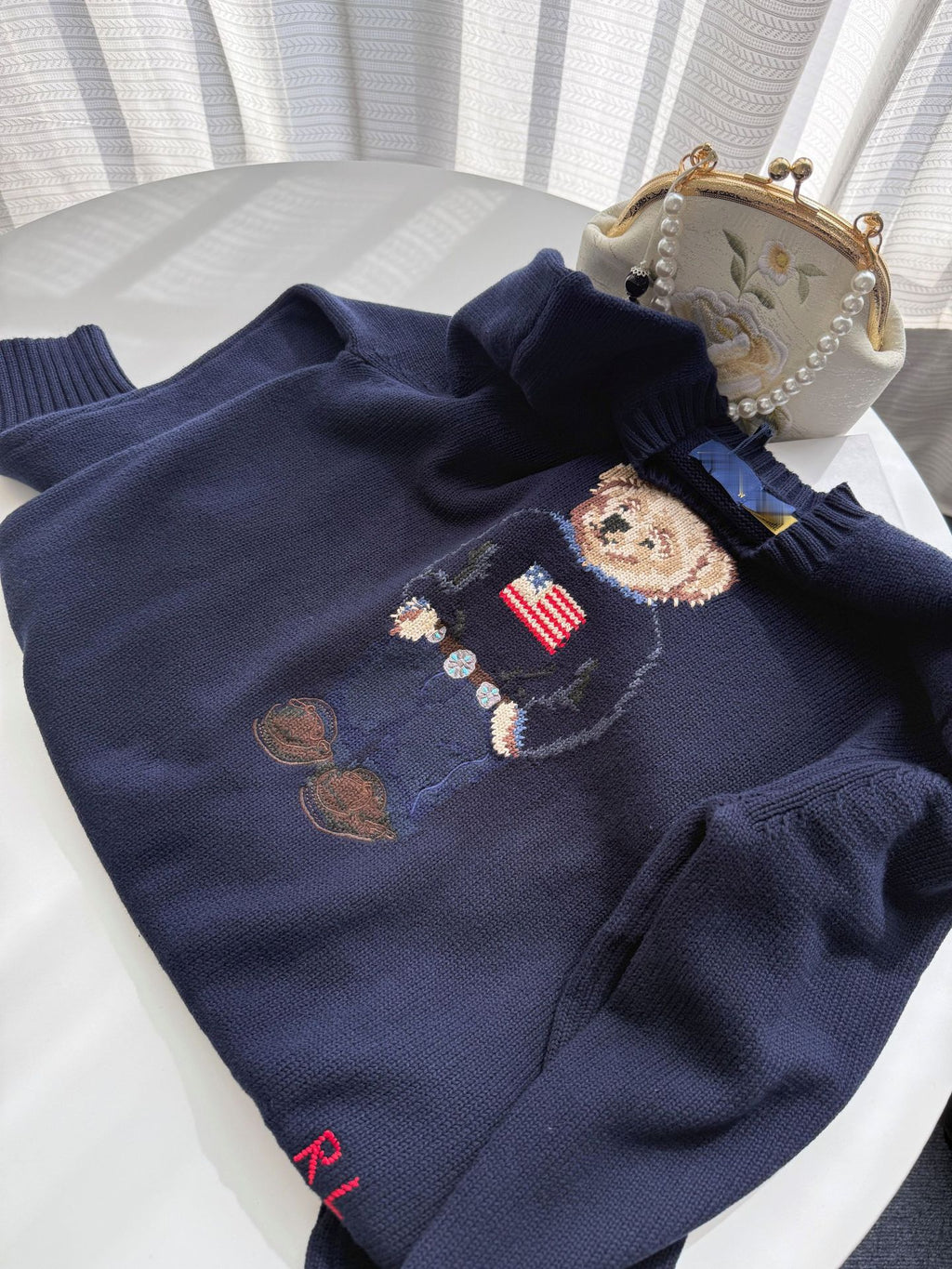 Rl/Scanable 25-Year-Old Bear Autumn And Winter New Pure Cotton Heavy Embroider Cartoon Round Neck Knitted Sweater Women's Casual