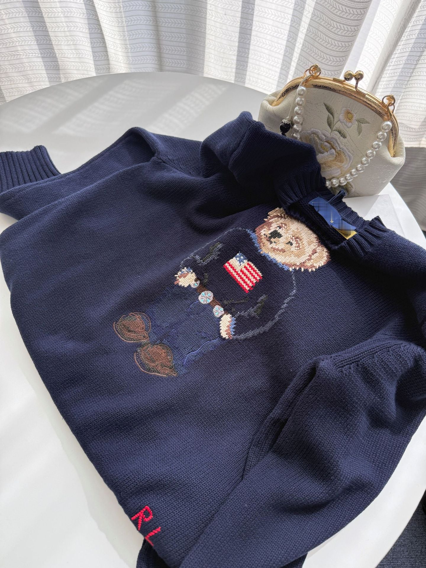 Rl/Scanable 25-Year-Old Bear Autumn And Winter New Pure Cotton Heavy Embroider Cartoon Round Neck Knitted Sweater Women's Casual