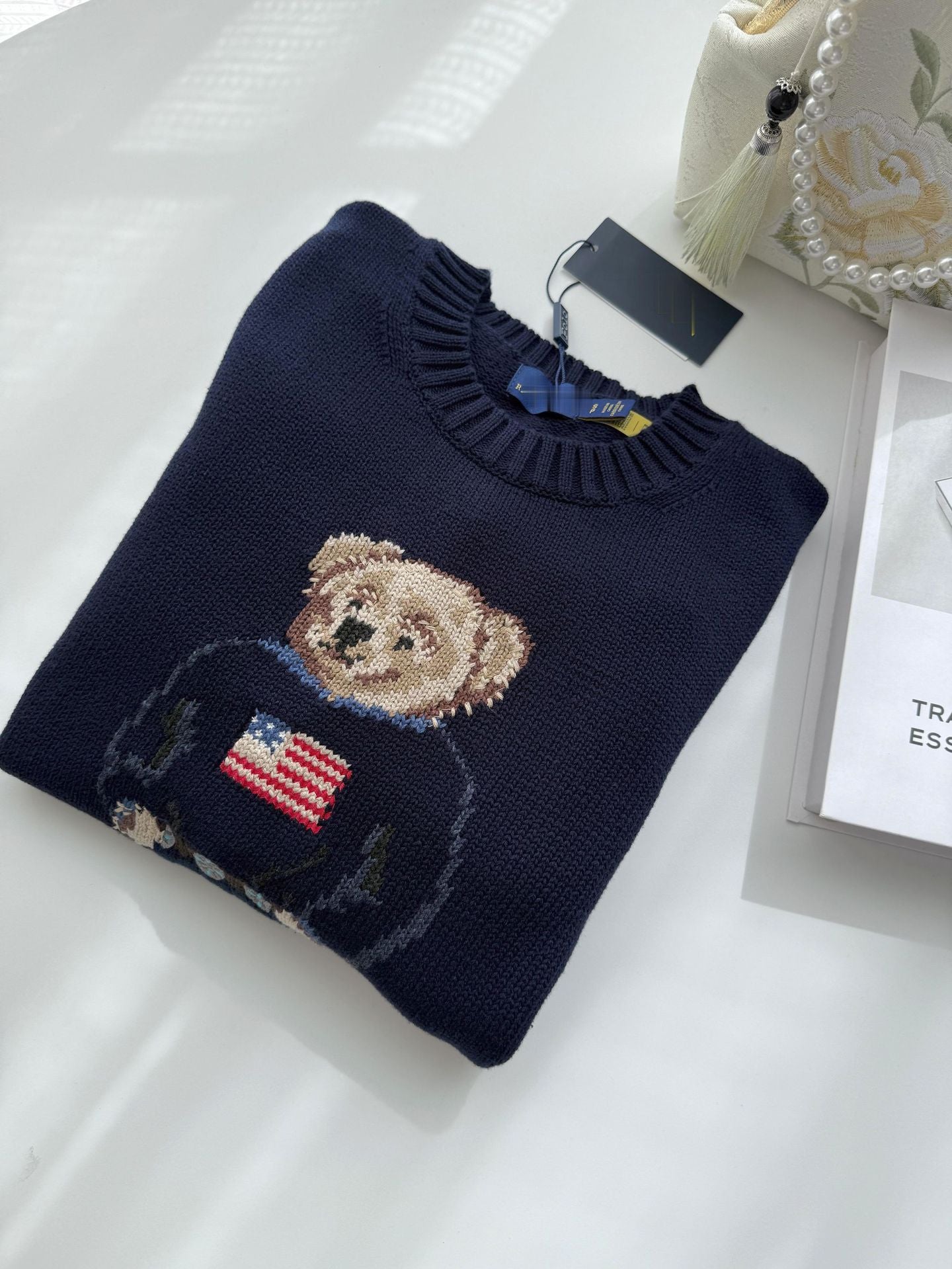 Rl/Scanable 25-Year-Old Bear Autumn And Winter New Pure Cotton Heavy Embroider Cartoon Round Neck Knitted Sweater Women's Casual