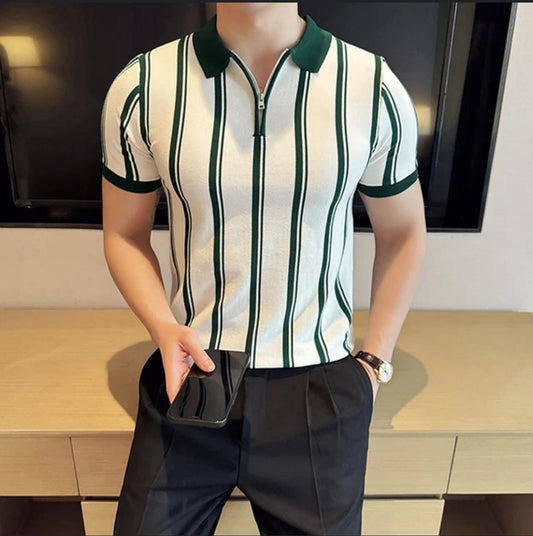 Striped Knitted Polo Shirt – Elegant & Trendy Fit for Men